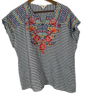 Savanna Jane Gray Striped Blouse with Colorful Embroidery